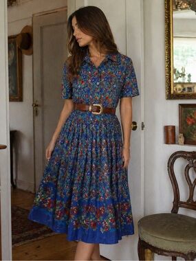 Vintage Leslie Fay Floral Midi Dress Blue Red Roses Belted Style Size 16